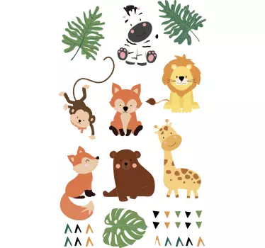 Vinilo para pared Lindos animales salvajes con hojas - TenVinilo