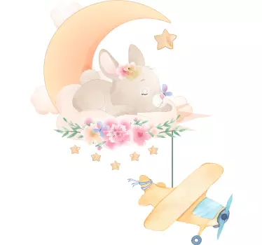 Vinilo pared animal Conejito durmiendo en la luna con avión de ju - TenVinilo