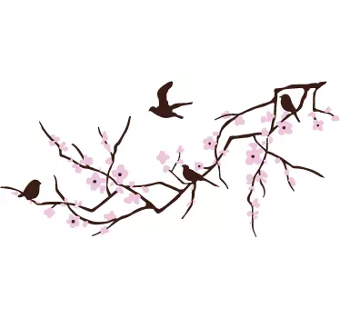 Vinilo flor rama horizontal y aves - TenVinilo
