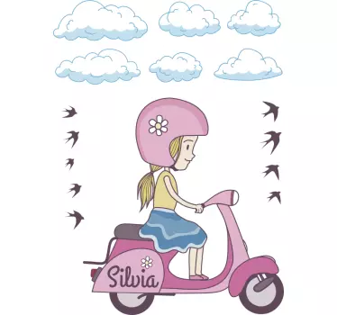 Vinilo personalizable infantil niña en moto - TenVinilo
