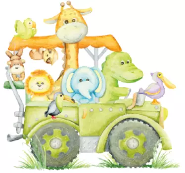 Vinilo dormitorio infantil animales de la jungla en jeep - TenVinilo