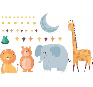 Vinilo ilustración animales felices bajo la luna y las estrellas - TenVinilo