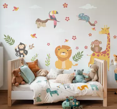 Vinilo ilustración animales felices de la selva - TenVinilo