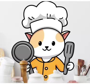 Pegatina Lindo gato chef sosteniendo tenedor y cuchara - TenVinilo