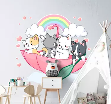 Vinilo bebé animales gato bajo paraguas - TenVinilo