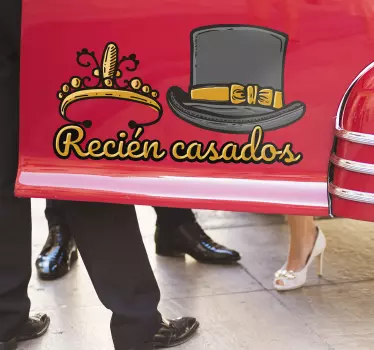 Pegatina boda para coche boda tiara y sombrero recién casados - TenVinilo