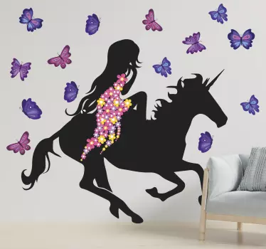 Vinilo caballo y mujer rodeados de mariposas - TenVinilo