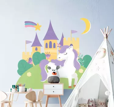 Vinilo de unicornio con castillo y jardín - TenVinilo
