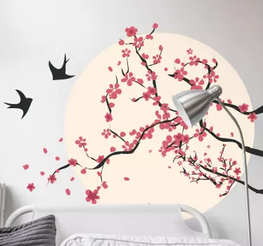 Vinilo decorativo de árbol florecido y pájaros - TenVinilo