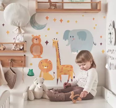 Vinilo ilustración animales felices bajo la luna y las estrellas - TenVinilo
