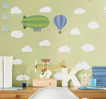 Vinilo decorativo ilustración Avión volando con sombra y globo ae - TenVinilo