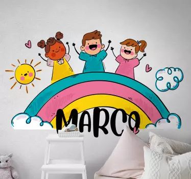 Vinilo decorativo ilustración Niños jugando en el arco iris - TenVinilo