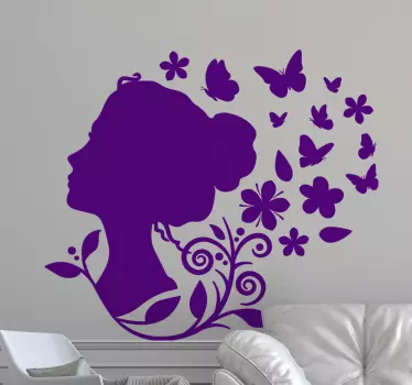 Vinilo decorativo mujer flores y mariposas - TenVinilo