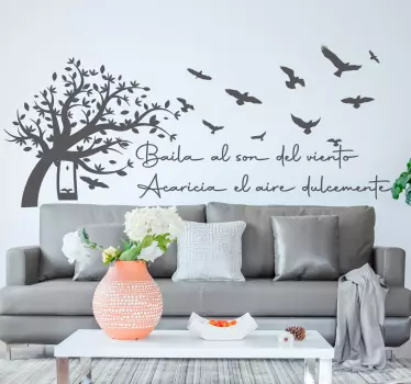 Vinilo para pared pájaro frase baila con el viento - TenVinilo