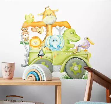Vinilo dormitorio infantil animales de la jungla en jeep - TenVinilo