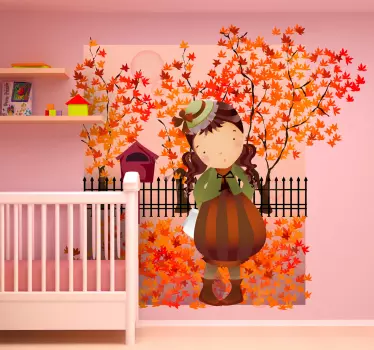 Vinilo infantil niña paseo otoño - TenVinilo