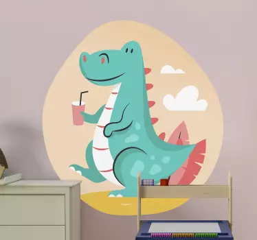 Vinilo infantil para pared dinosaurio alegre con bebida - TenVinilo