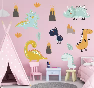 Vinilo infantil para pared familia de dinosaurios alegres - TenVinilo