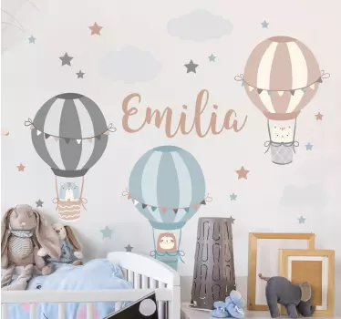 Vinilo infantil para pared globos aerostáticos con nombre - TenVinilo