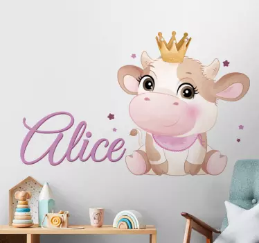 Vinilo infantil para pared vaca rosa con nombre - TenVinilo
