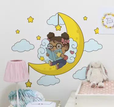 Vinilo infantil para pared niño leyendo en la luna - TenVinilo