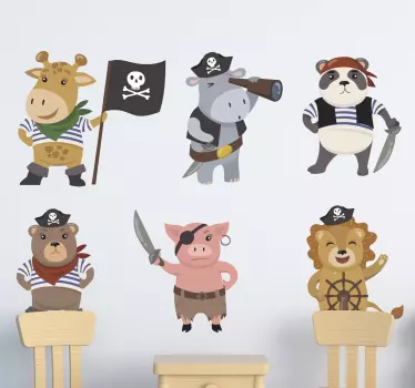 Vinilo infantil para pared personajes animales piratas - TenVinilo
