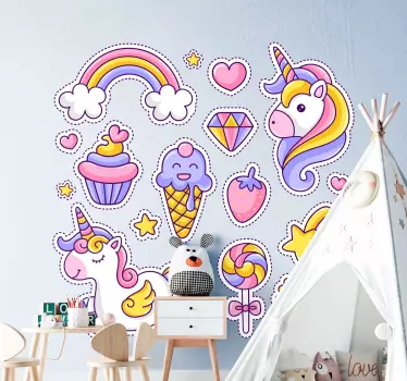Vinilo para niños unicornios y dulces coloridos - TenVinilo