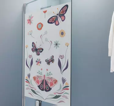 Vinilo mampara ducha mariposas y flores rosas - TenVinilo