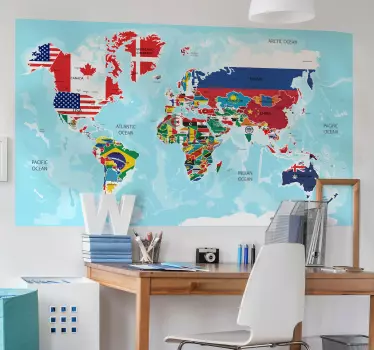 Vinilo mapamundi pared banderas del mundo - TenVinilo