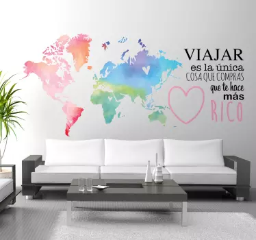 Vinilo mapamundi decorativo texto viajar - TenVinilo