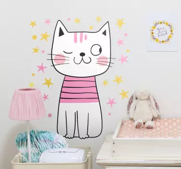 Vinilo niñas gato nórdico rodeado estrellas - TenVinilo