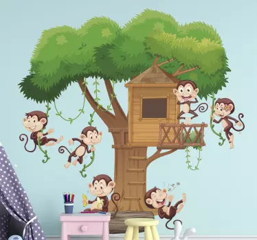Vinilo para bebés de árbol con monos saltando - TenVinilo