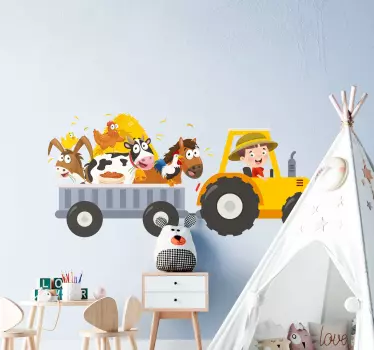 Vinilo infantil tractor granja con animales - TenVinilo