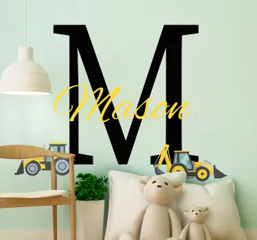 Vinilo para niños tractores con inicial y nombre - TenVinilo