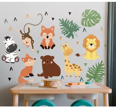 Vinilo para pared Lindos animales salvajes con hojas - TenVinilo