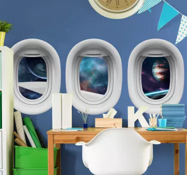 Vinilo pared 3d ventanas cohete espacial - TenVinilo