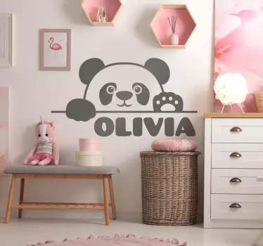 Vinilo pared bebé Bebé panda asomado con nombre - TenVinilo