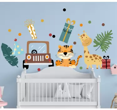 Vinilo pared bebé Encantadores animales de safari con coche y reg - TenVinilo