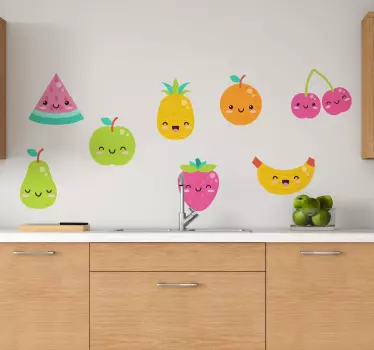 Vinilo pared cocina frutas coloridas sonrientes - TenVinilo