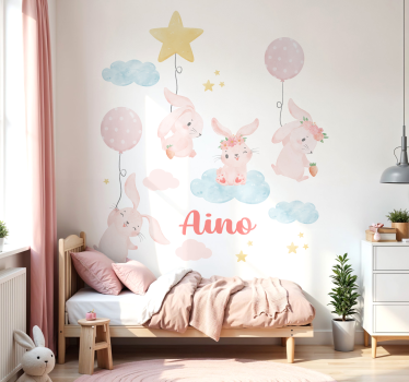 Vinilo pared globos rosas con conejitos - TenVinilo