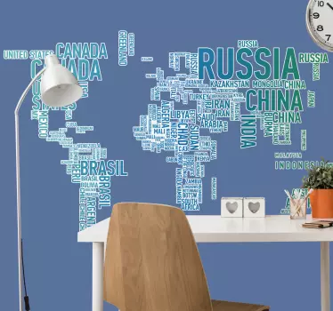 Vinilo pared mapamundi Mapa escrito países - TenVinilo