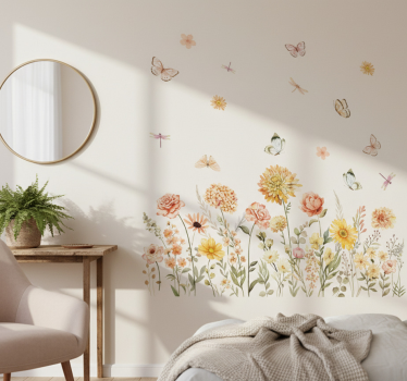 Vinilo pared pradera de flores silvestres con mariposas - TenVinilo