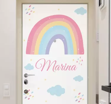 Vinilo puerta Lindo arcoiris y nubes en colores pastel - TenVinilo