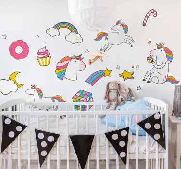 Vinilo para pared infantiles set de unicornios y arcoiris - TenVinilo