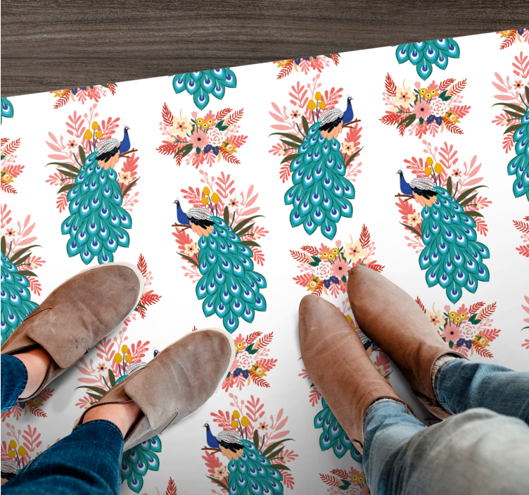 Alfombra vinílica flores patrón floral de pavo real - TenVinilo