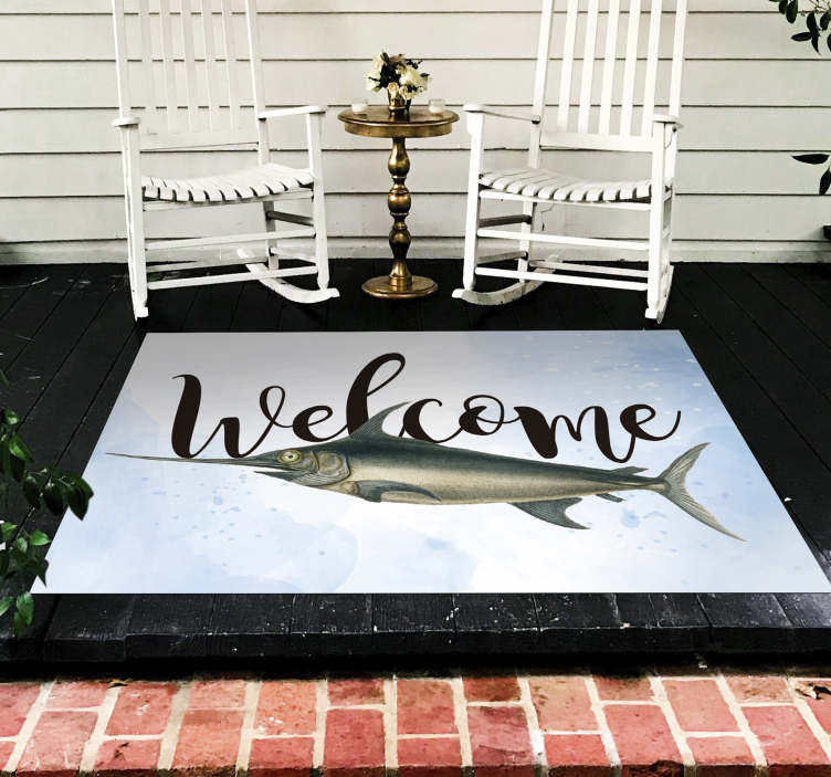 Alfombra vinílica frase bienvenido pescado ilustración - TenVinilo
