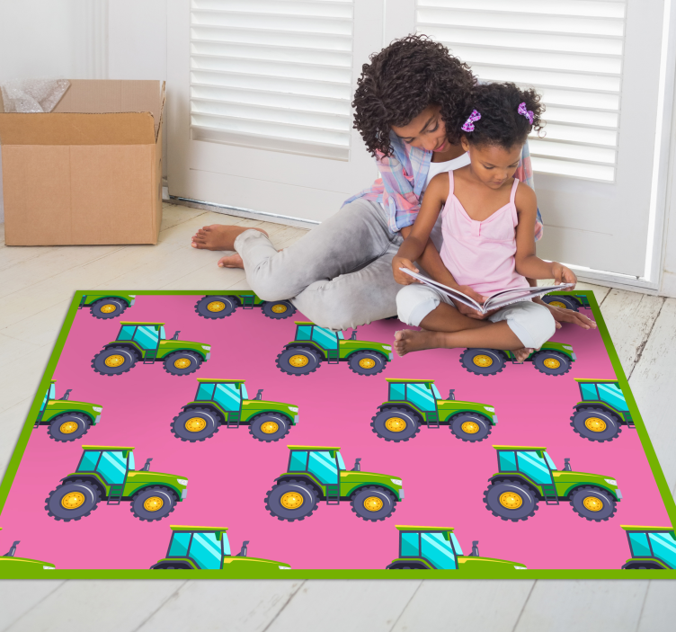 Alfombra de vinilo infantil Patrón de tractor rosa y verde - TenVinilo