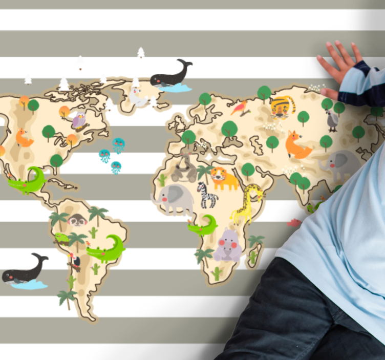 Alfombra vinílica mapamundi ilustración colorida de animales - TenVinilo