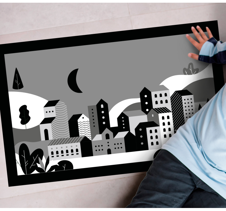 Alfombra vinílica moderna paisaje urbano en blanco y negro - TenVinilo