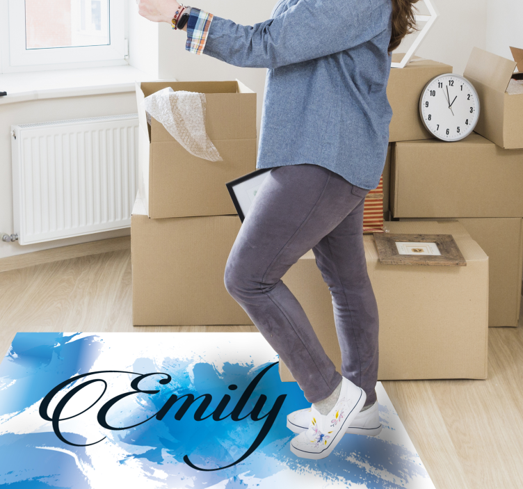 Alfombra vinílica juvenil salpicadura azul con nombre - TenVinilo